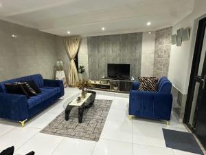 a living room with two blue couches and a tv at Cactus Village in Blantyre