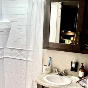 a bathroom with a sink and a mirror at Pet Friendly Graham Home Route 66 at The Mistletoe Farm in Graham +29 photos