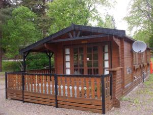 a small wooden building with a black roof at Lurchers Cabin Aviemore in Aviemore