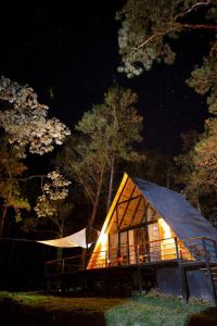 a cabin in the woods at night at Alpina Village, Jacuzzi Climatizado, Montaña, Fogata, Jarabacoa in Jarabacoa