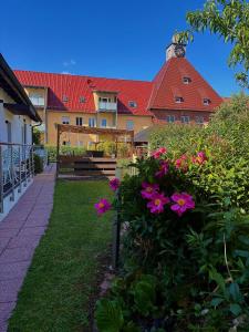 a garden with pink flowers in front of a building at Apartmenthaus Wertheim in Wertheim