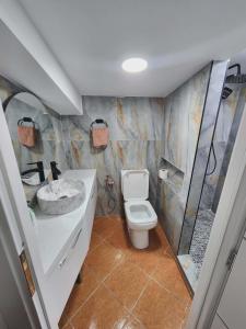 a small bathroom with a toilet and a shower at Apartment 3 by Villa Ceni in Elbasan