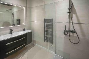 a bathroom with a shower and a sink and a mirror at Charmant appartement - L'émeraude in Fontenay-le-Comte