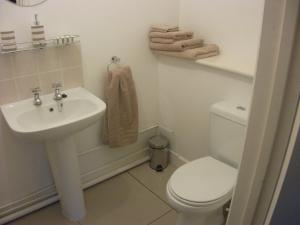 a white bathroom with a toilet and a sink at Garden Apartment in Didcot