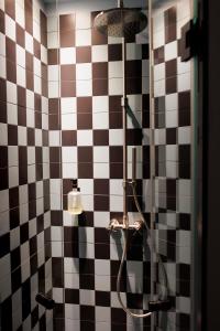 a shower in a bathroom with a checkered wall at Babel Lille Centre in Lille +64 photos
