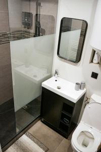 a bathroom with a toilet and a sink and a shower at Suite CinéRoom à 25 min de Paris in Franconville +27 photos
