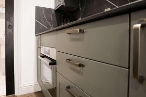 a kitchen with gray drawers and a counter top at Lovely Studio Flat on Bath Road - Flat 2 in Bristol