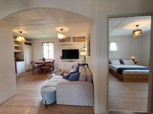 ein Wohnzimmer mit Sofa und Bett in der Unterkunft Linos Cottage in Pouláta