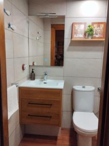 a bathroom with a toilet and a sink and a mirror at Casa Pinares de Roche tres dormitorios in Cádiz +15 photos