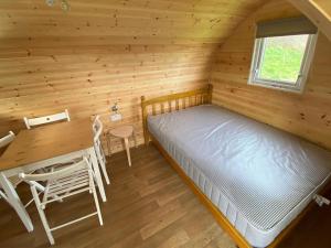 a bedroom with a bed and a desk in a log cabin at Castle Brake Holiday Park in Woodbury