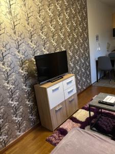 a living room with a tv and a flowery wall at Guest house Norrköping in Norrköping