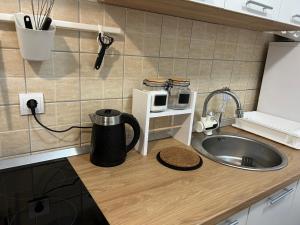 a kitchen counter with a sink and a microwave at Apartments Mitende in Budva +200 photos