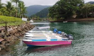 a row of boats parked in the water at Cabana 1 camping Dona Aurora Praia do Sono in Paraty +17 photos