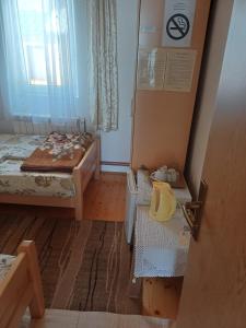a small room with two beds and a window at Rooms Skorpijon in Žabljak