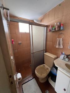 a bathroom with a shower and a toilet and a sink at Ap decorado Setor Bueno in Água Boa