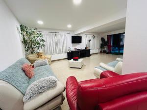 ein Wohnzimmer mit einem roten Sofa und einem roten Sessel in der Unterkunft Vila Ema Râşnov in Râșnov