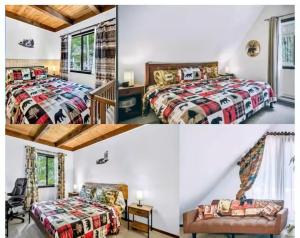 three pictures of a bedroom with two beds at Hideout Pocono Chalet in Lake Ariel
