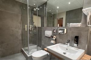 a bathroom with a shower and a sink and a toilet at Hotel Gute Hoffnung Pforzheim in Pforzheim