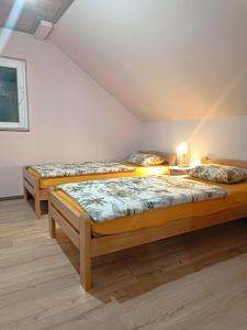 a room with two beds in a attic at Imanje Mihailovic 3 in Pružatovac +10 photos