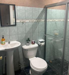 a bathroom with a toilet and a sink and a shower at Casa Bandera 54 in Guayabal