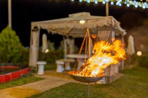a pot of fire in a bowl with flames at Vila Dy Bukurite Durres in Draç