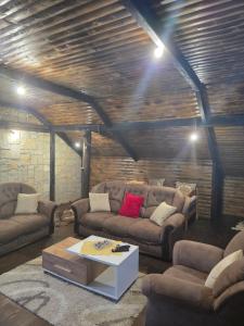 a living room with two couches and a coffee table at Vila Sopot lux in Risti°i