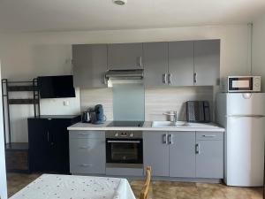 a kitchen with gray cabinets and a white refrigerator at L'Écrin de Sauge- jolie Terrasse in Gréoux-les-Bains