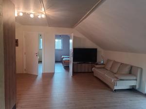 a living room with a couch and a flat screen tv at Imanje Mihailovic 3 in Pružatovac
