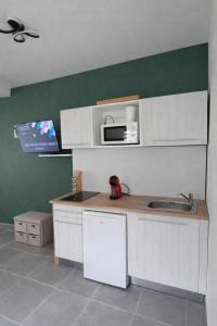 a kitchen with a counter top with a microwave at Kaza Domi studio in Le Lamentin