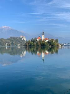 a church on an island in the middle of a lake at Špirala place - near city center, free parking in Bled