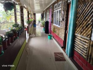 an empty hallway of a building with potted plants at Bamboo Queen Homestay Rongo in Kumai