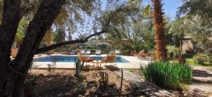 a pool with chairs and a table in a yard at Dar Lorkam in Skoura