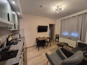a kitchen and living room with a couch and a table at Sella Rooms in Arriondas