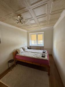 a bedroom with a bed with a coffered ceiling at Standarta 2 istabas dzīvoklis in Aizkraukle