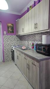 a kitchen with purple walls and a counter top at Mermaid house in Drama