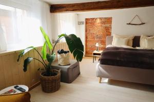 a bedroom with a bed and a plant in it at Klinkerstube in Heuchelheim-Klingen