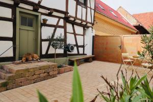 a dog laying on a stone wall outside a house at Klinkerstube in Heuchelheim-Klingen