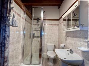 a bathroom with a shower and a toilet and a sink at Chambre dans un Moulin in Rouy +14 photos