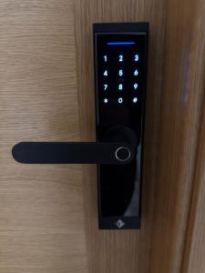 a black door handle on a wooden door at Villa Arán in Negreira