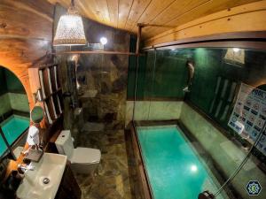 a bathroom with a swimming pool with a toilet and a sink at Hotel Narangala Wooden Villa in Badulla