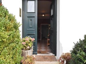 a blue door on a house with potted plants at Historic Apartment in Gerdshagen with Garden in Gerdshagen
