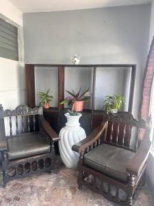 zwei Stühle und eine Vase mit Pflanzen in einem Zimmer in der Unterkunft Hotel S Barbara in Mazatlán