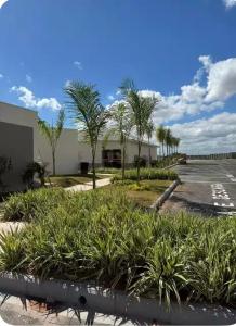 a parking lot with palm trees and a building at Doce Lar 2 in Pouso Alegre
