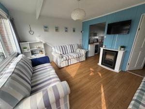 a living room with a couch and a fireplace at Hectors, Two bed Chalet on Sunbeach Holiday Park - Sleeps 4, pet friendly - plus WiFi, bed linen and towels included only 300m from the beach! in Great Yarmouth