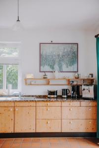 a kitchen with wooden cabinets and a painting on the wall at Friesenpark 10 in Wurster Nordseeküste +41 photos
