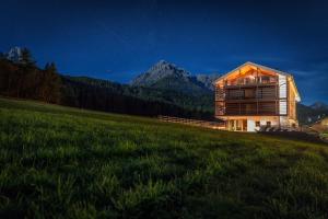 a house in a field with a mountain in the background at JOAS natur.hotel.b&b in San Candido