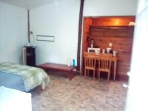 a bedroom with a bed and a table in it at Cabaña-estudio selvatica in Utila