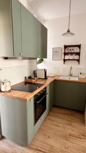 a kitchen with green cabinets and a sink at LaViDaViò Suite Room in Bergamo