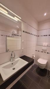 a white bathroom with a sink and a toilet at Hof Hahnenberg in Wagenfeld