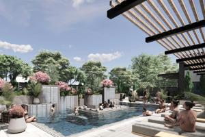 a rendering of a pool at a park with people sitting around it at The Greenleigh, River Oaks, Autograph Collection in Houston